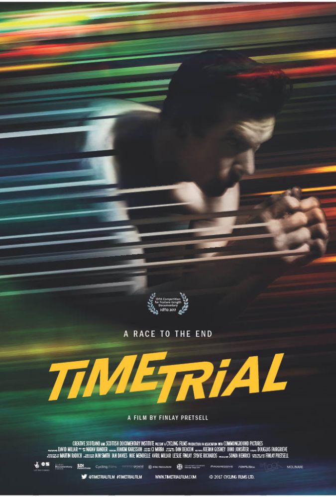 Time Trial poster featuring David Millar on bike. Stripes of distorted light cross ifornt and behind him. Text reads 