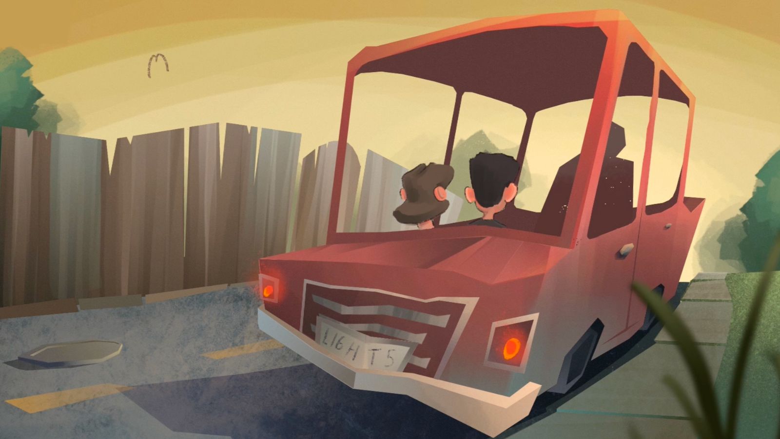 Illustration of a stylized red car with two people inside, driving on a road lined with wooden fences. The scene is set against a yellow sky with a distant curved object above. The car's license plate reads "LIGHT5."