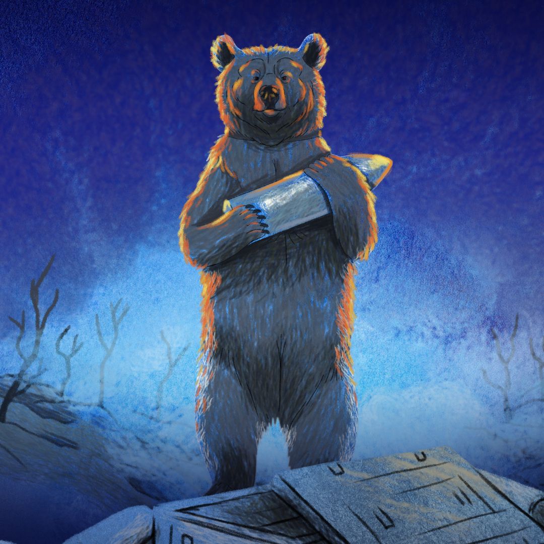 Poster for Mathan Leis an Ainm Wojtek / A Bear named Wojtek. The image shows a bear standing upright and holding a bomb against a blue background.