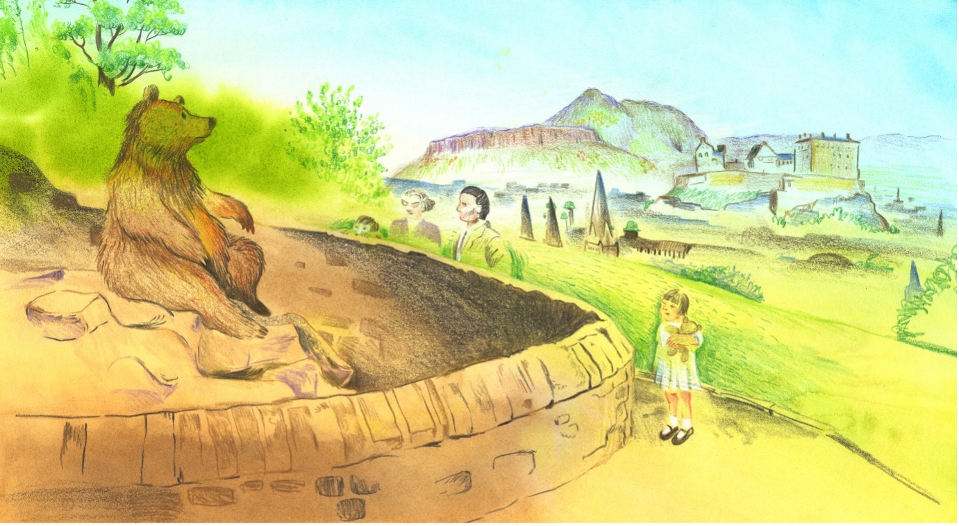 Painting of bear sitting on a walled hill with a small child looking up at it. Iconic Edinburgh landmarks including Edinburgh Castle and Arthur Seat can be seen in the distance.
