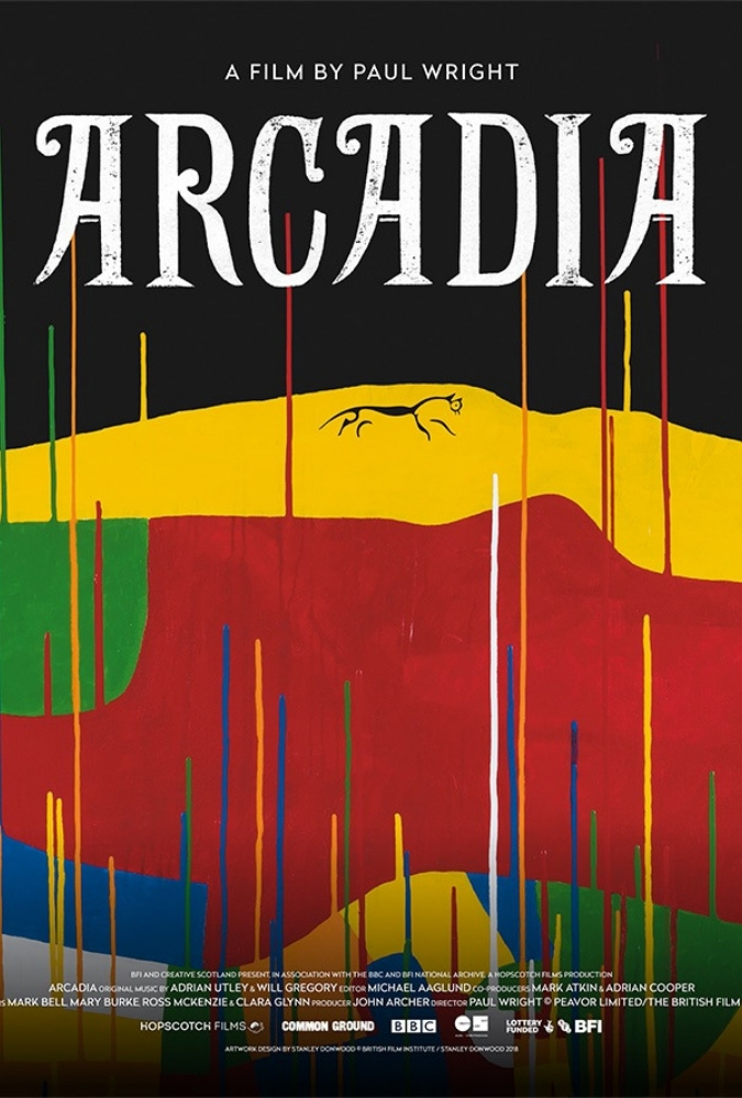 A graphic, multi-coloured illustration with the title Arcadia at the top