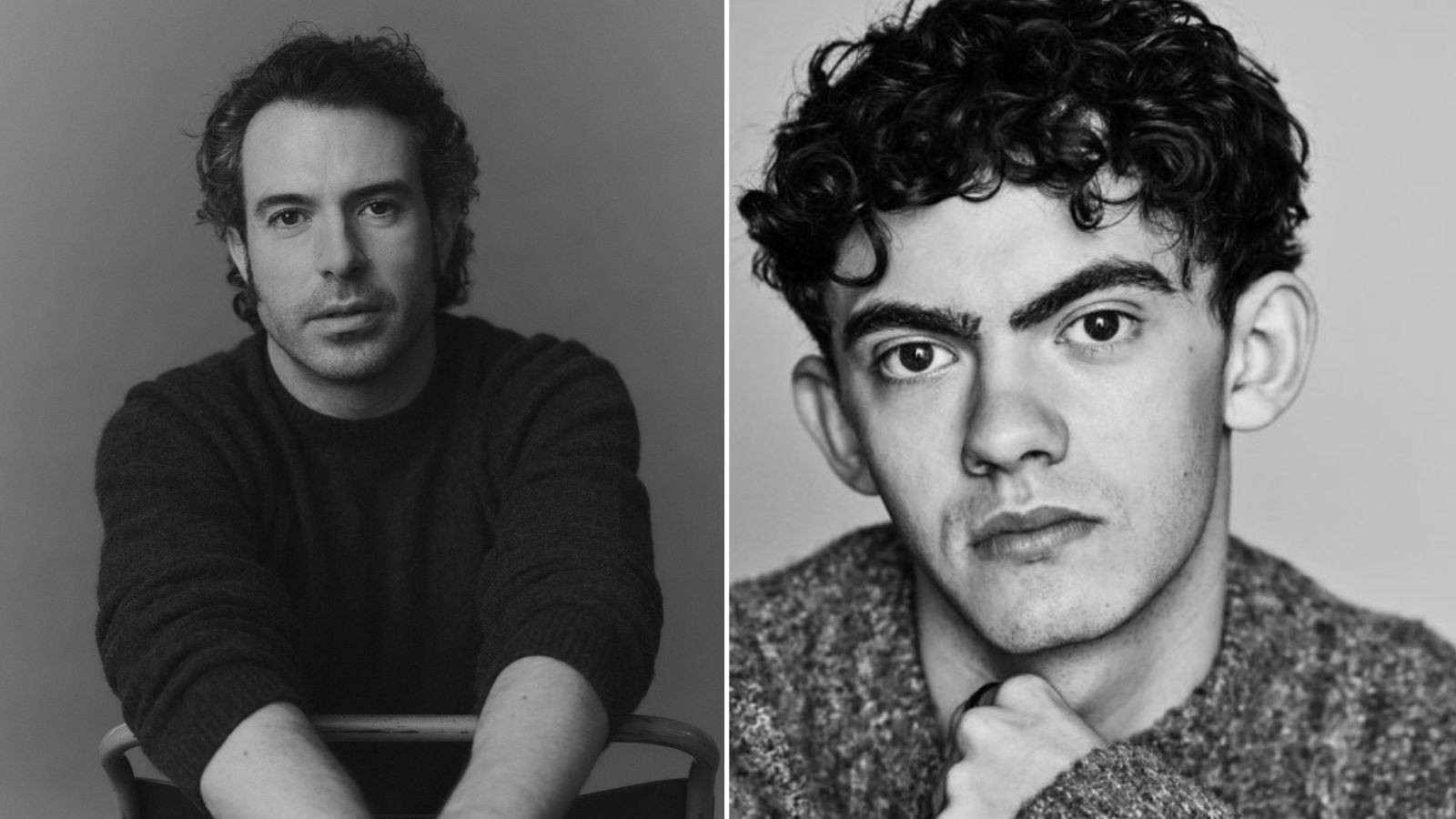 Two black-and-white portraits side by side. The left image shows a person with short curly hair and a serious expression, wearing a dark sweater and leaning forward with arms crossed on the back of a chair. The right image shows a person with curly hair and a pensive look, wearing a knit sweater and resting their chin on hand.