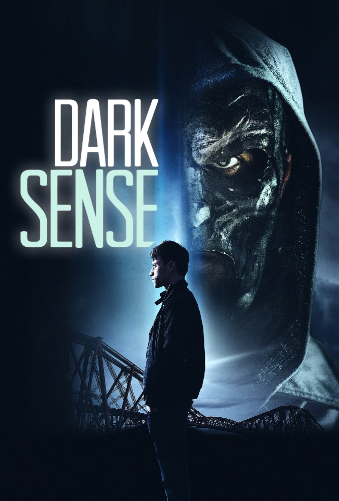 Movie poster for Dark Sense, navy blue background with the title letters in yellow