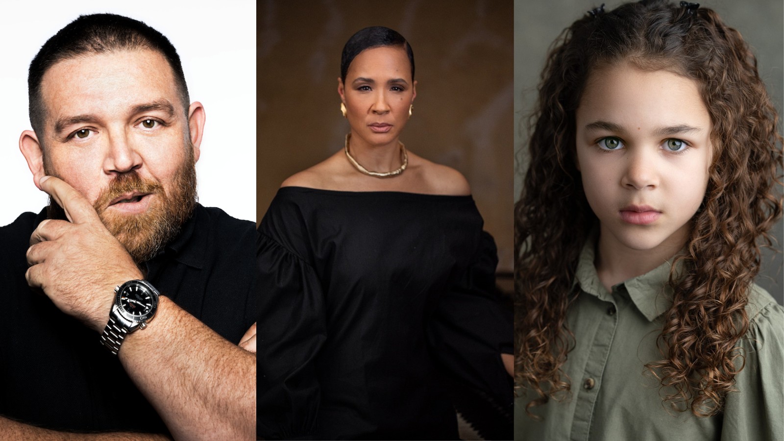 Headshots of three people, courtesy of Sky. First from the left is Nick Frost, who wars a watch and a black t-shirt. Second is actress Golda Rosheuvel, who wears a black dress and chunky gold necklace. Third is actress Priya-Rose Brookwell, who wars a green top.