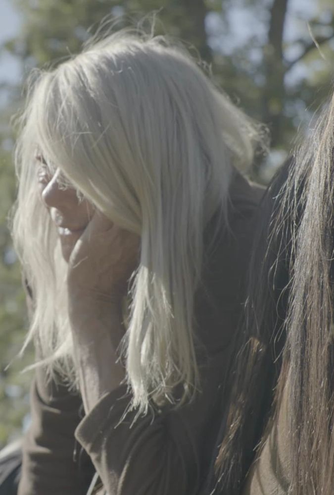 A woman with long, light hair leans against a horse, surrounded by a green, sunlit forest.