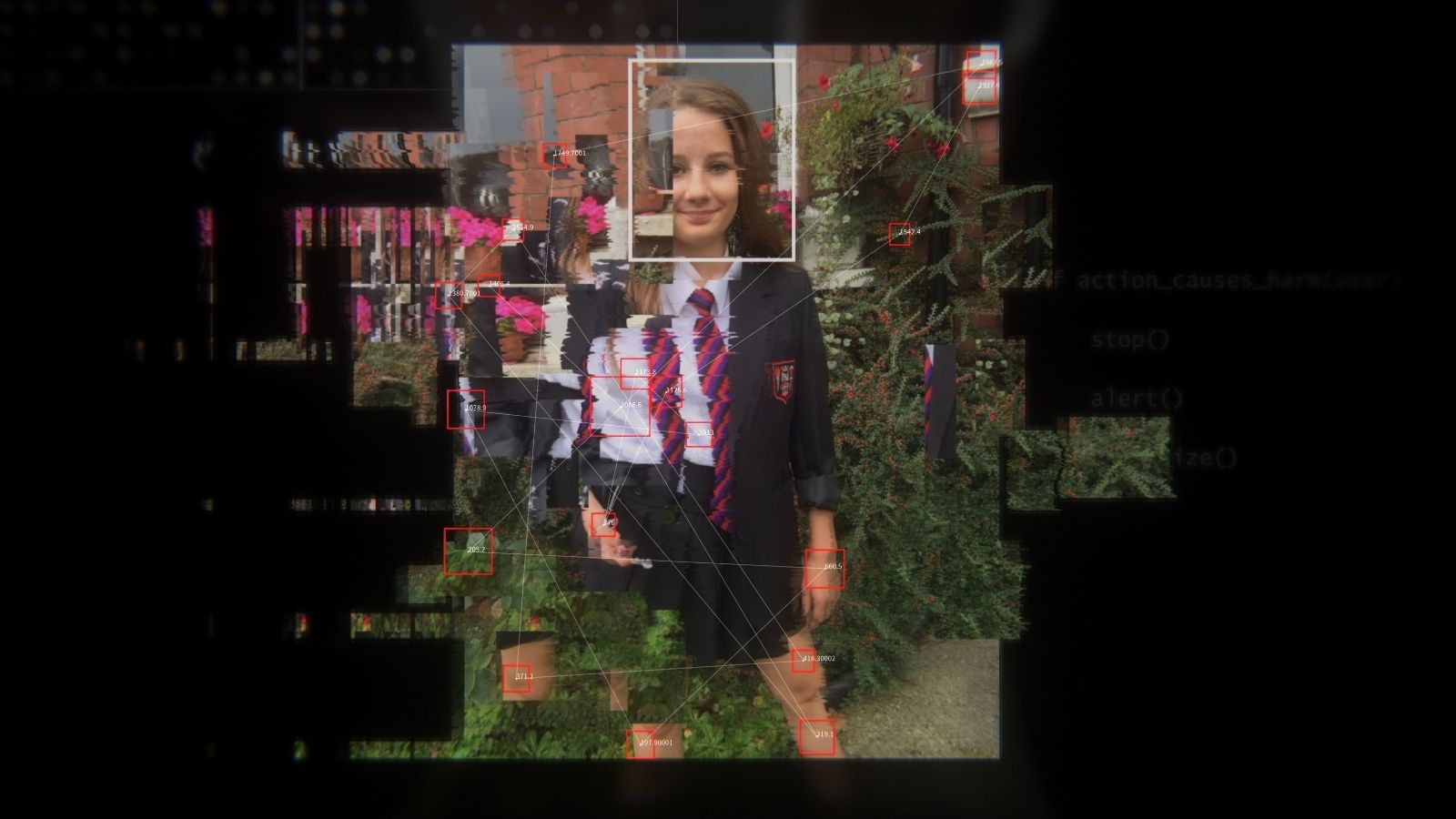 A young person in a school uniform stands outdoors, surrounded by greenery and pink flowers. The image is overlaid with fragmented digital patterns and red squares with numerical annotations, suggesting a focus on technology or data analysis.