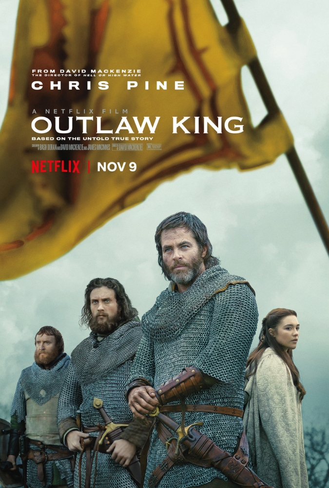 Chris Pine, Aaron Taylor-Johnson, Florence Pugh and Tony Curran on the film poster for Outlaw King