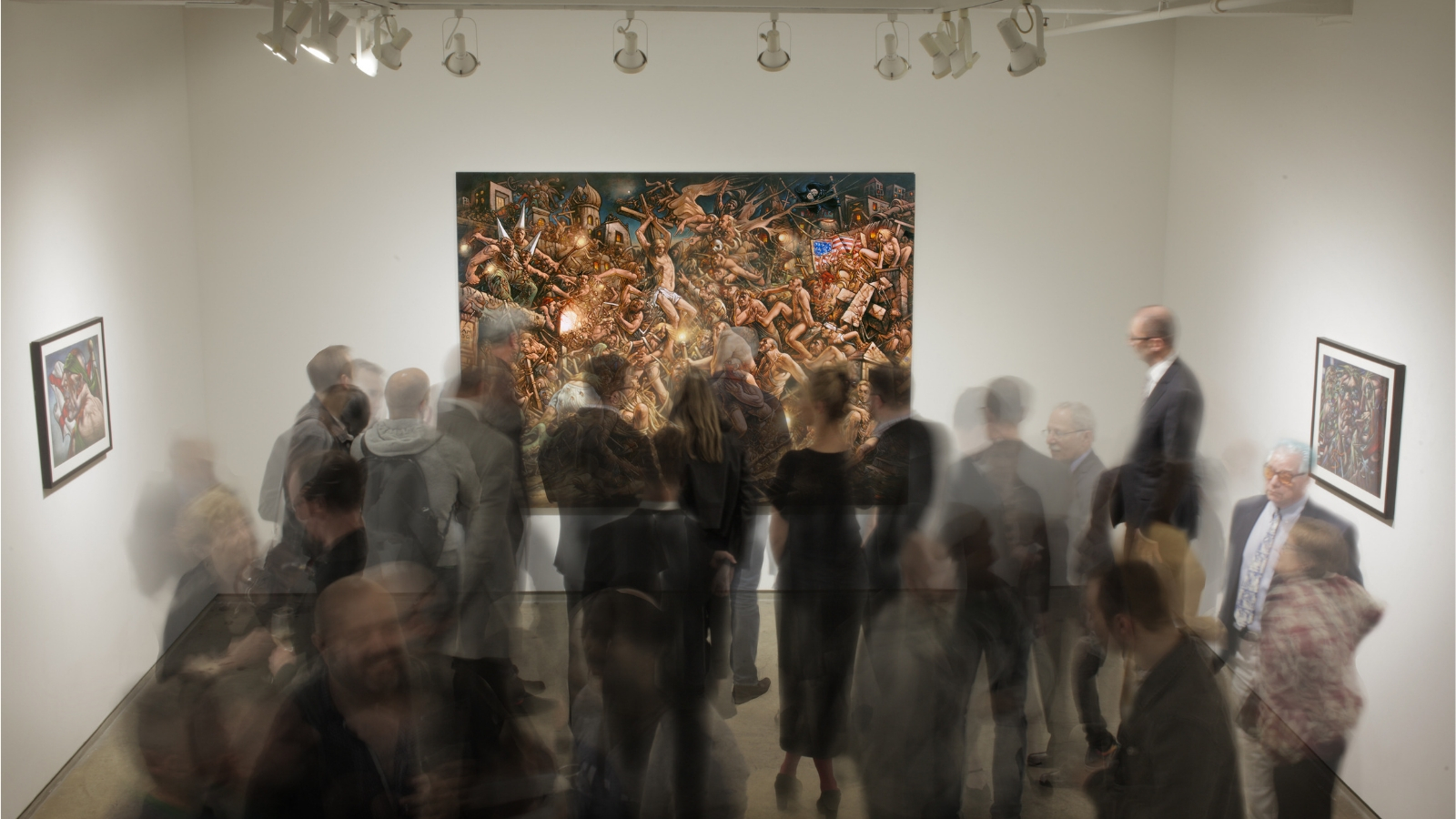 A group of people surrounding Peter Howson's painting, Prophecy