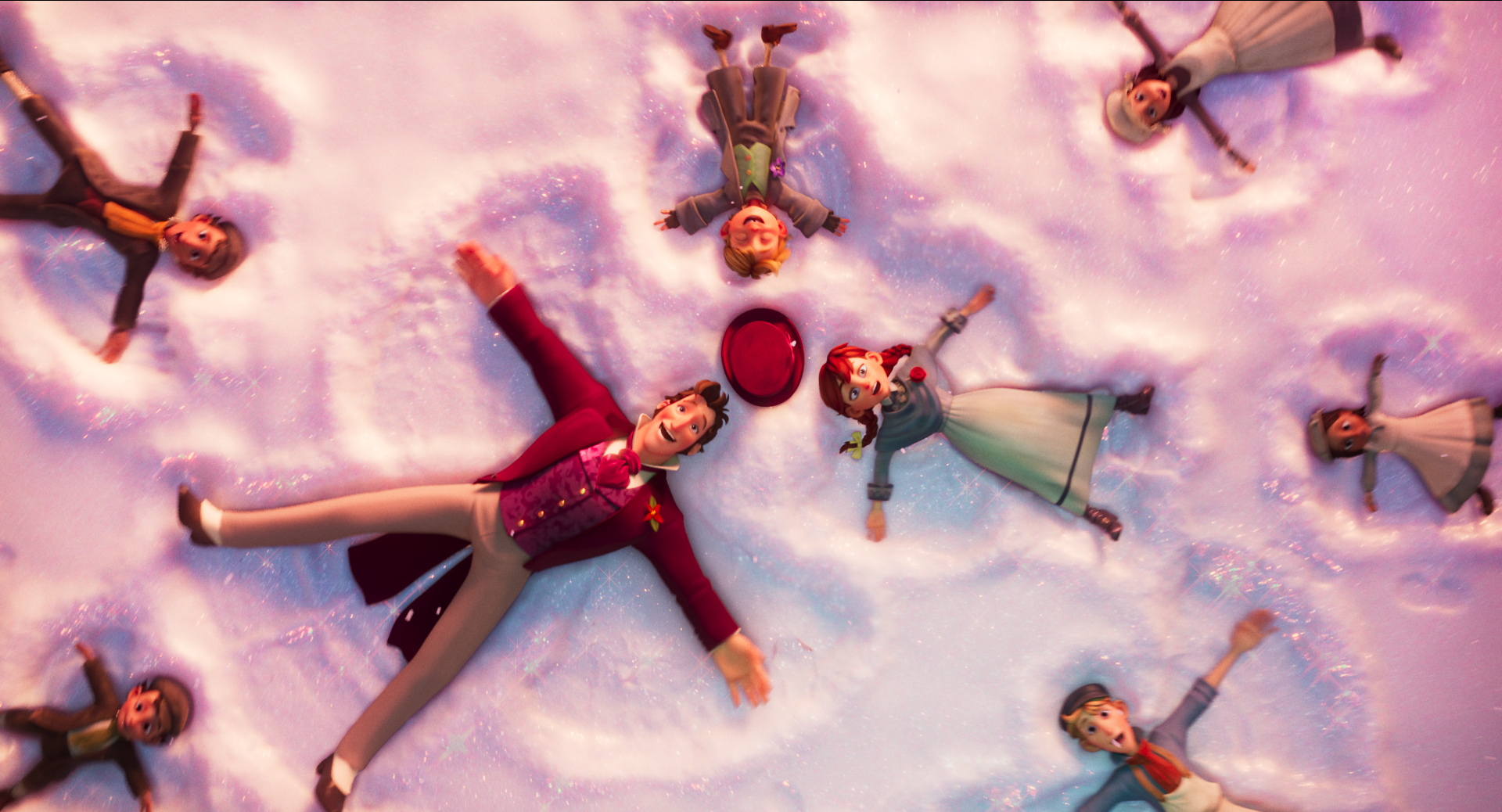 Animated characters making snow angels in a snowy forrest floor.