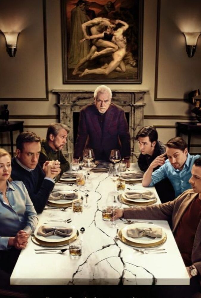 The Roy family sit at a dinner table in the Season 2 poster for Succession