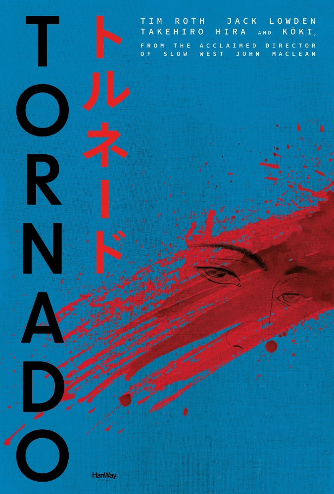 This film poster has a blue background, and the word tornado is written vertically down the left side in English and Japanese. The cast is listed in white text in the top right corner, and then midway down the right of the image is a splash of red with the eyes and nose of a women drawn in black ink