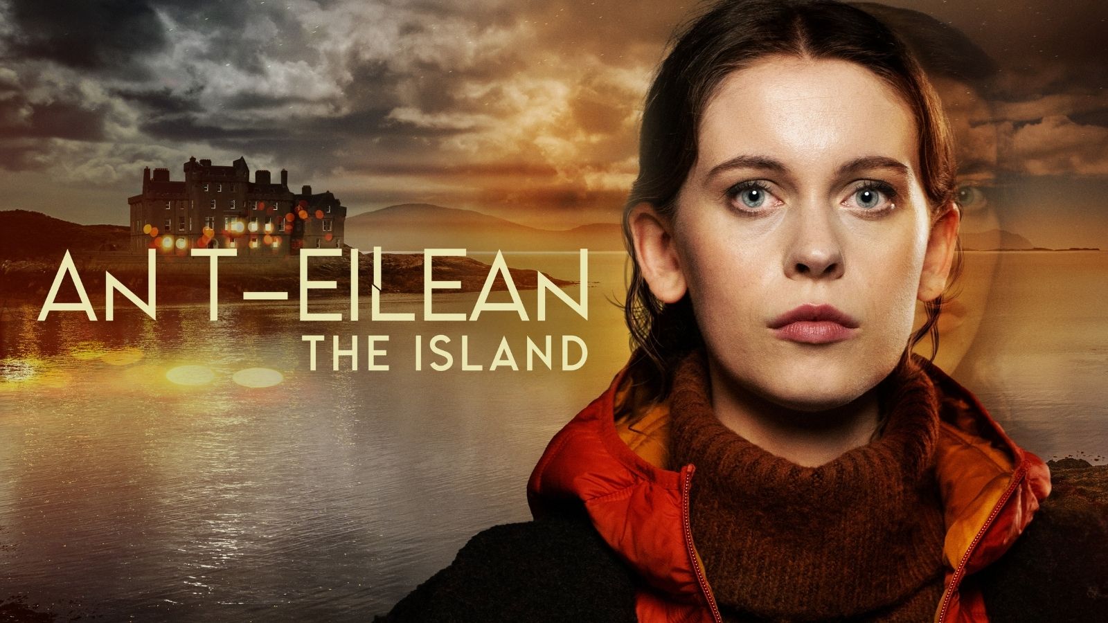 A woman with a serious expression stands in the foreground, wearing a red jacket and brown turtleneck. Behind her, there's a moody scene of a castle-like building on an island with reflective waters, under a cloudy, twilight sky. The text 