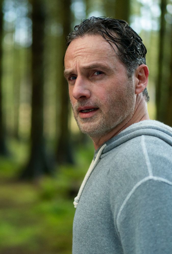 A man in a grey hoodie stands on a forest path lined with tall, evenly spaced trees. The background is blurred with a soft focus, highlighting the trees and creating a serene woodland atmosphere.