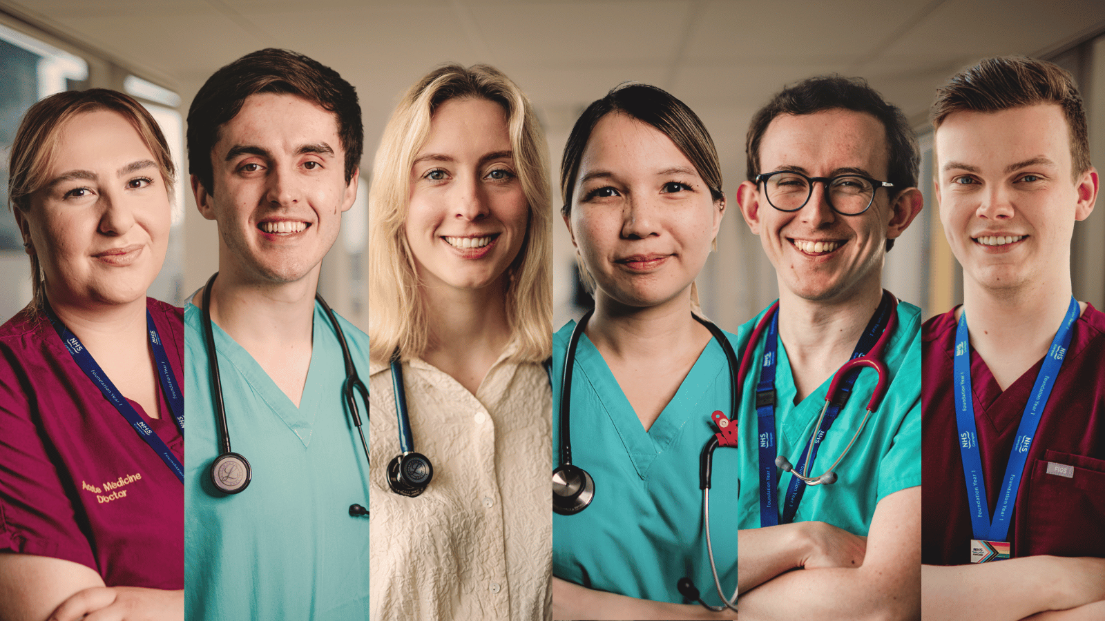 FY1 doctors: Abbey Wright, Tobias Adams, Sarah Anderson, Shanan Teo, Bilal Benzahia, Callum Anderson Credit: Tern TV