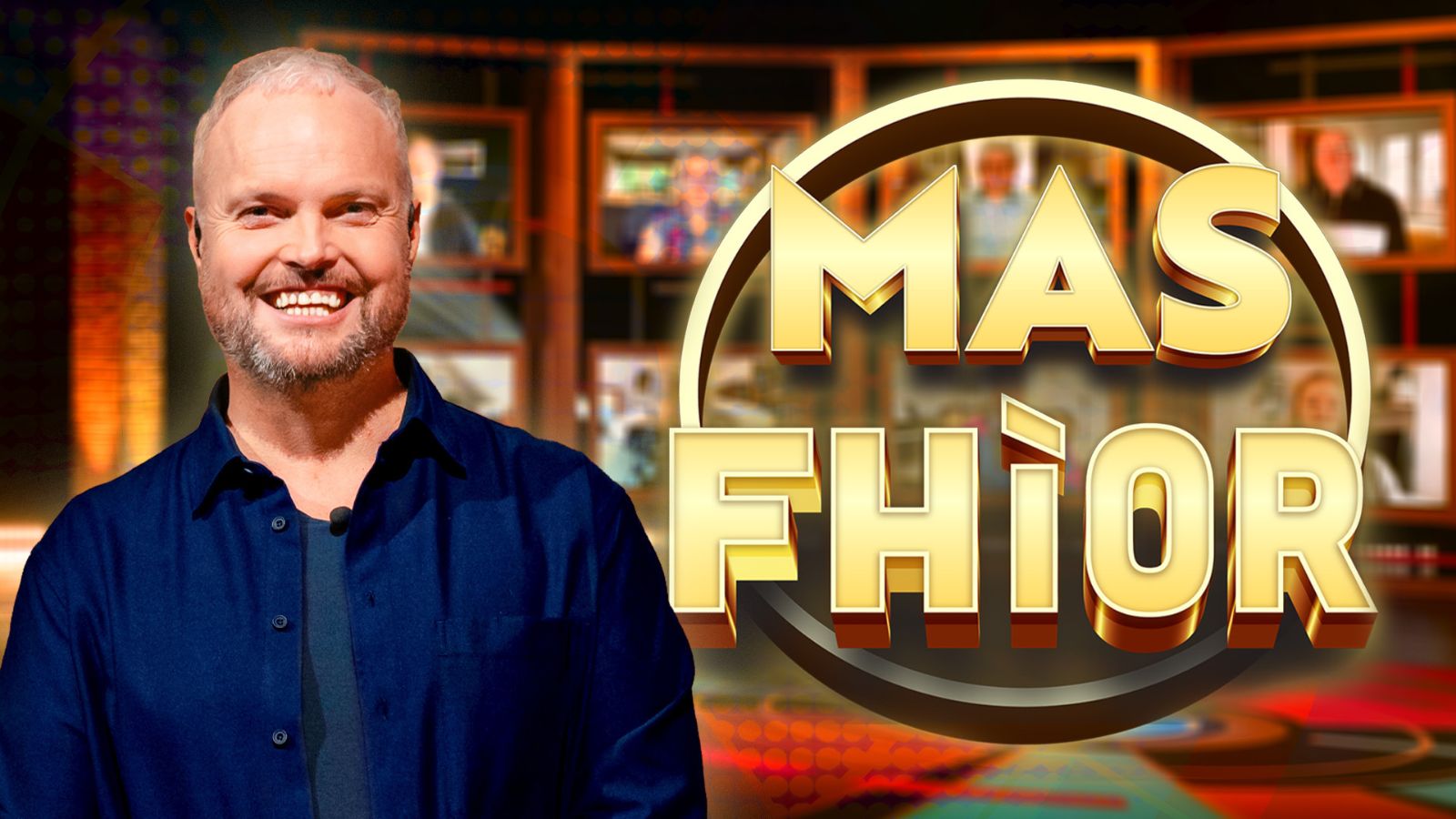 A smiling person with light hair and a beard is in front of a warmly lit background featuring framed pictures. The large text 