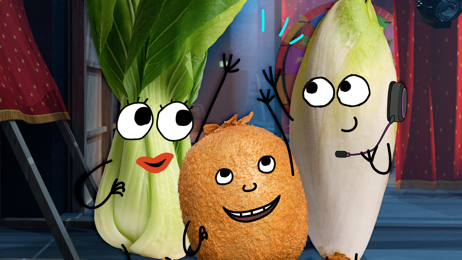 Still from toed and fruits. Animations of an organ, a leak and a turnip with eyes and mouths.