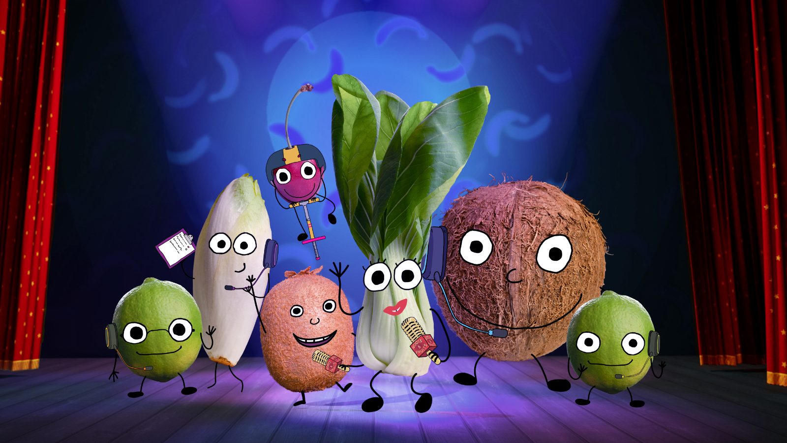 Roots and Fruits promotional image. A range of different fruit with graphics faces.