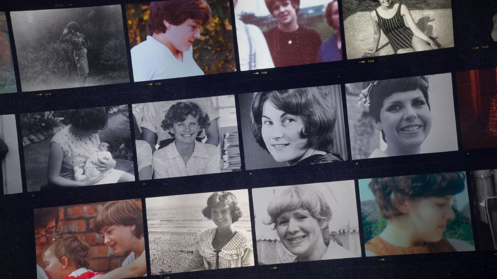 A contact sheet of vintage photograph negatives, displaying several individual frames arranged in rows. Most are black-and-white, with a few in colour. The images depict various people, primarily women, in different candid poses and portraits from past decades.