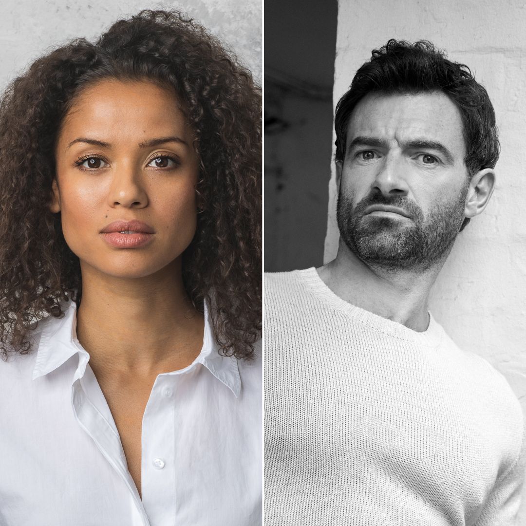 Two vertical portraits side by side: The leftmost image shows a woman with curly hair wearing a white shirt, looking directly at the camera. The second image is a black-and-white photo of a man with a beard in a textured sweater, displaying a serious expression.