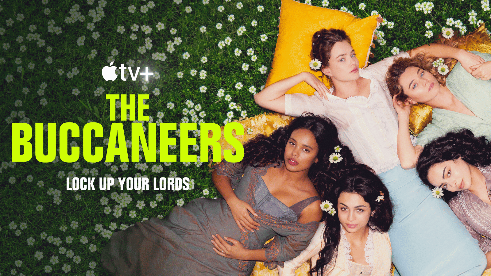 Promotional poster for The Buccaneers. Five young women in formal 1870s dresses lying on the grass.