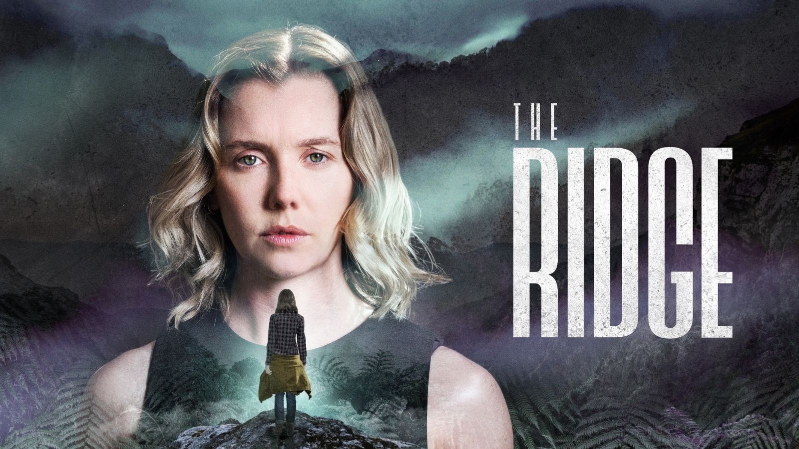 A serene, mountainous landscape with misty skies forms the backdrop for a pensive woman with wavy blonde hair, wearing a black top. Above her, bold white text reads "The Ridge." Overlaying her image is a silhouette of a person standing on a rocky ridge, facing the distant mountains.