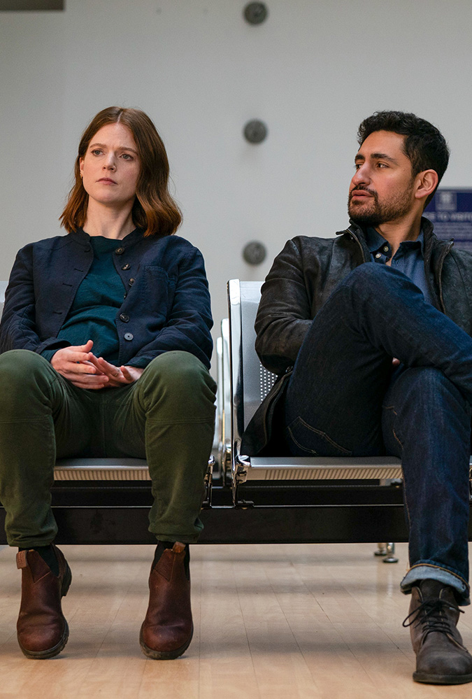 Actors Rose Leslie and Amir Al-Masry sit on a metal bench in their roles in series 2 of Vigil