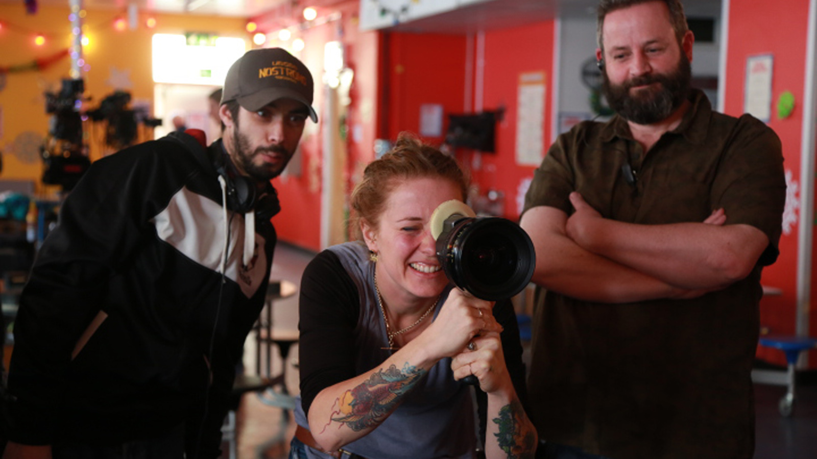 John McPhail, Sara Deane, Jonathan Farmer on the set of Anna and the Apocalypse