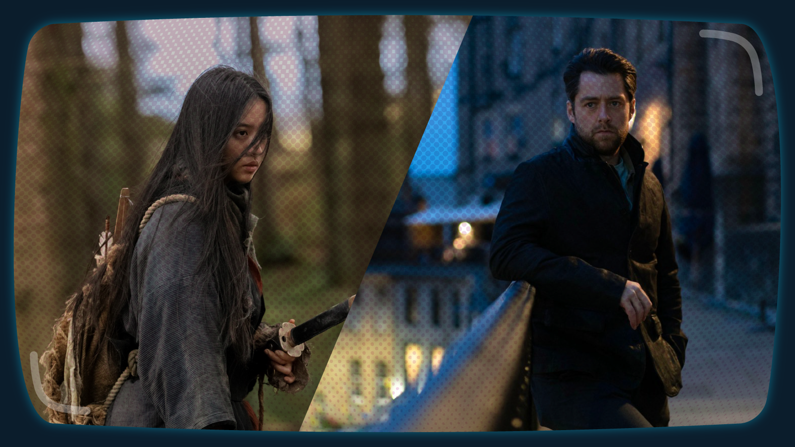 The image is split diagonally, showing two scenes. On the left, a person with long dark hair in a rugged cloak holds a bow in a forest setting. On the right, a person in a dark jacket leans against a railing in an urban environment with blurred lights in the background.