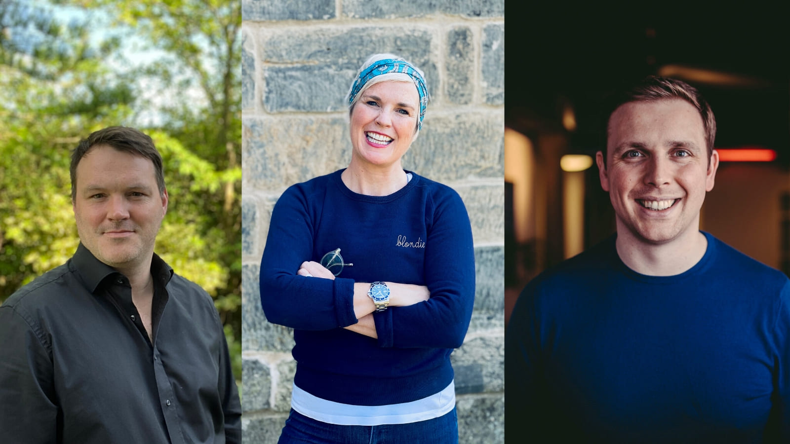 A composite image of three people, left is Kieran Hannigan, centre is Dani Carlaw, and right is Steven Little