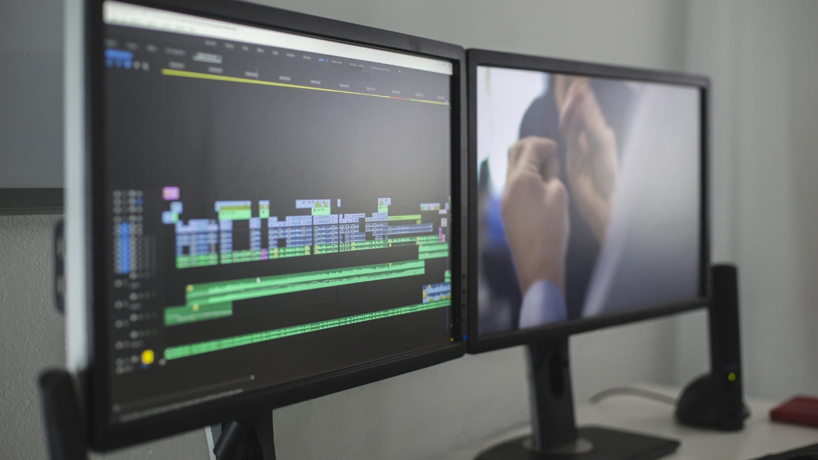 A close up image of two computer screens that show film editing software