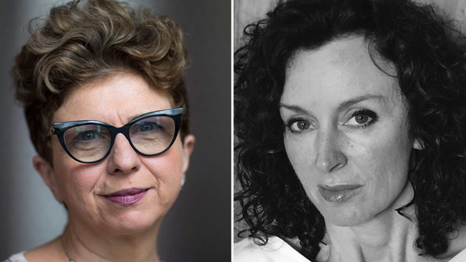 Two headshots: on the left, a woman with short brown curly hair and black glasses wearing pinky purple lipstick (film producer Lizzie Francke). On the right, a woman with dark curly hair (Scottish film maker Gillian Berrie)