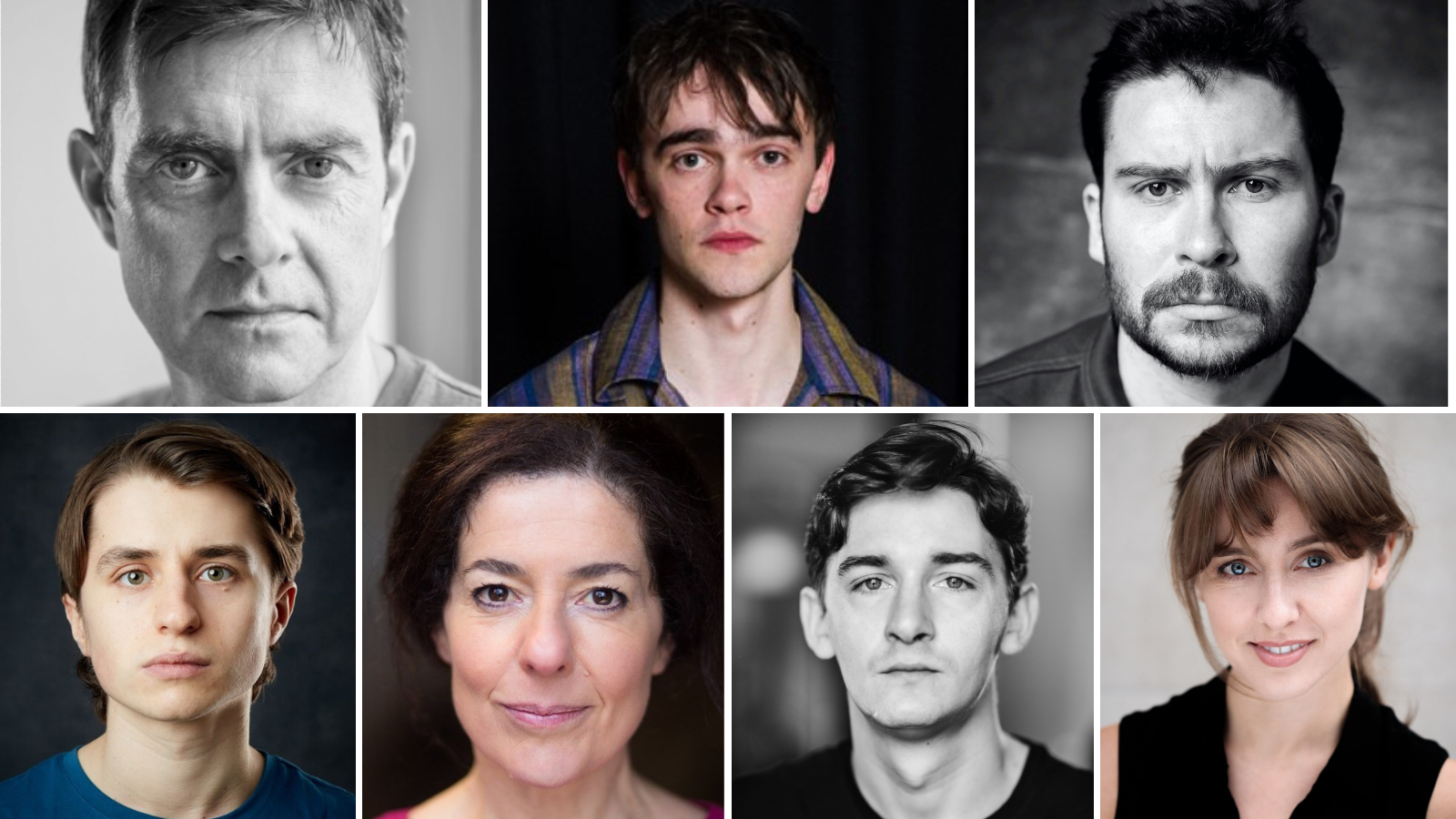 A composite image of seven headshots of actors starring in KILL. On the top row there are three images: from left to right is Paul Higgins, Brian Vernel, Daniel Portman and on the bottom row from left to right is Calum Ross, Anita Vettesse, Joanne Thomson, James Harkness.
