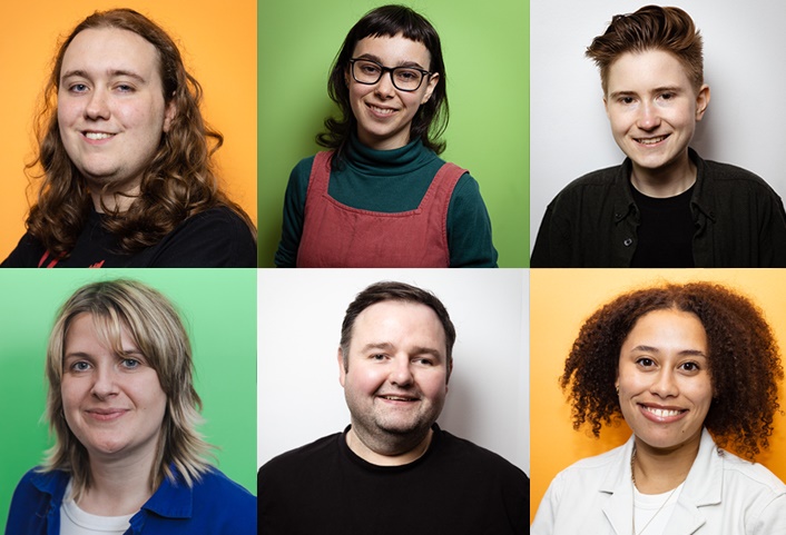 A composite image of headshots of some of the participants in the Indie diversity scheme, taken against colourful backgrounds