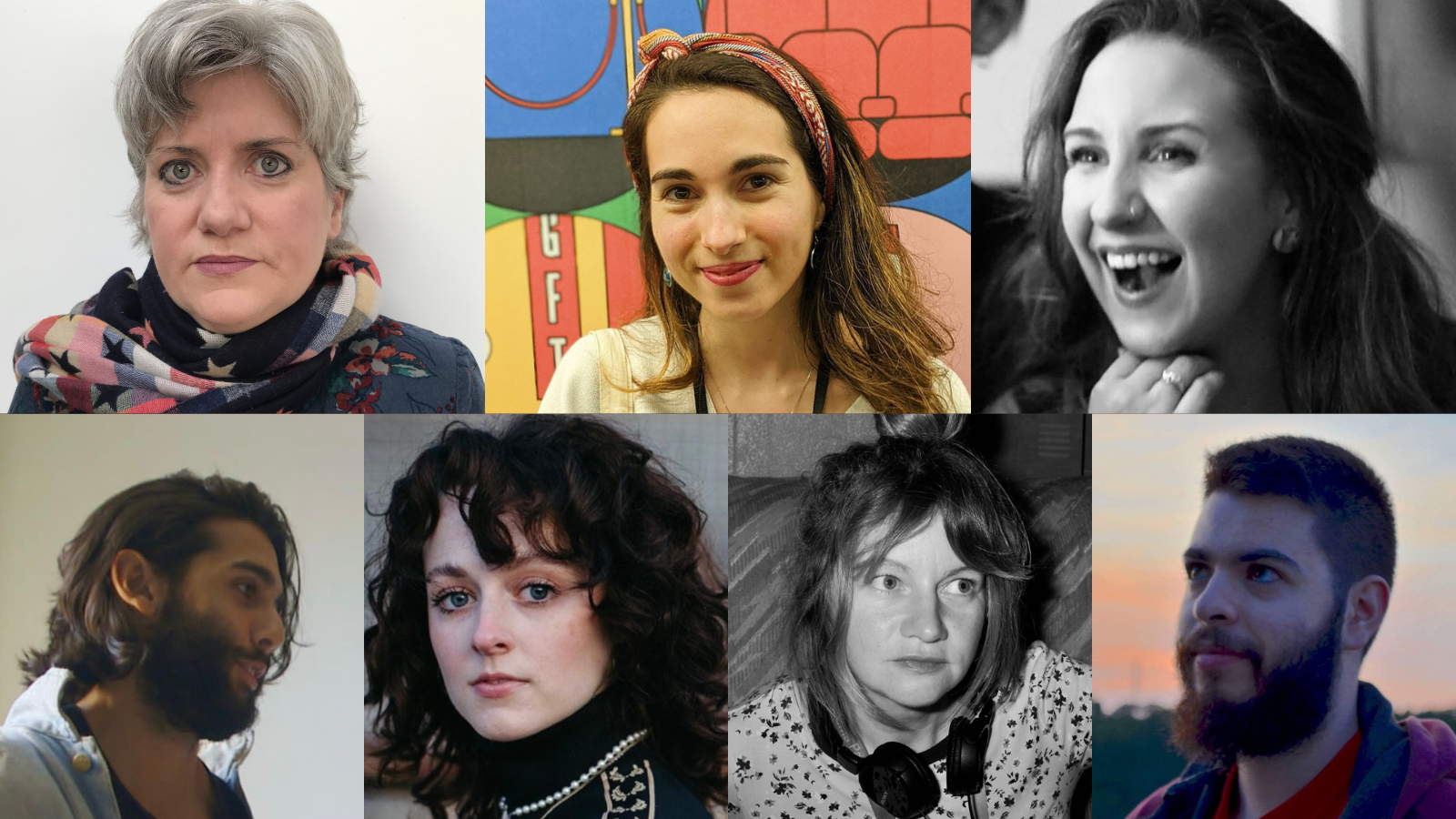 Head shots of the Sharp Shorts 2022 awardees. Left to right on the top row: Ali Taylor, Ana Songel and Ciara Elizabeth Smyth. Left to right on the bottom row: Ciaran Pasi, Eilidh Loan, Lisa Clarkson and Theo Panagopoulos.