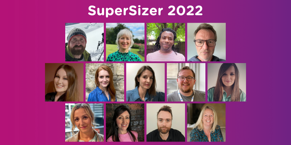 Supersizer 2022 graphic. Collage of headshots of the delegates smiling .