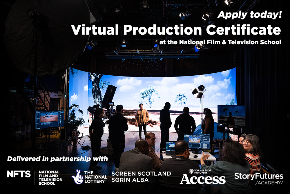 Text reads: 'Apply today! Virtual Production Certificate at the National Film and Television School'. The image shows a busy film set, with cameras, lights and actors. At the bottom text reads 'delivered in partnership with' and there are several logos.