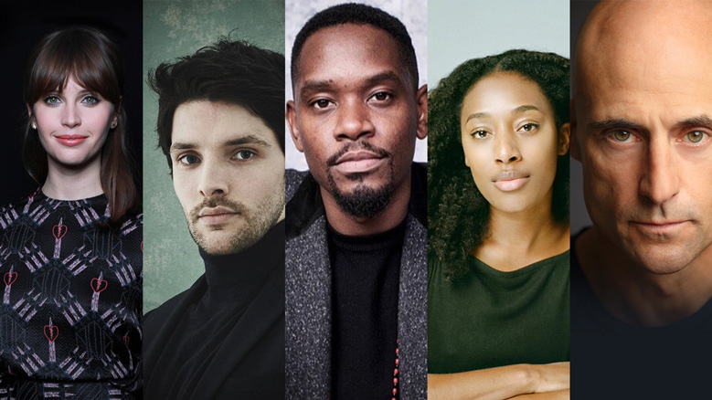 A composite image of five actors' headshots. From left to right: Felicity Jones, Colin Morgan, Aml Ameen, Sophia Brown and Mark Strong.