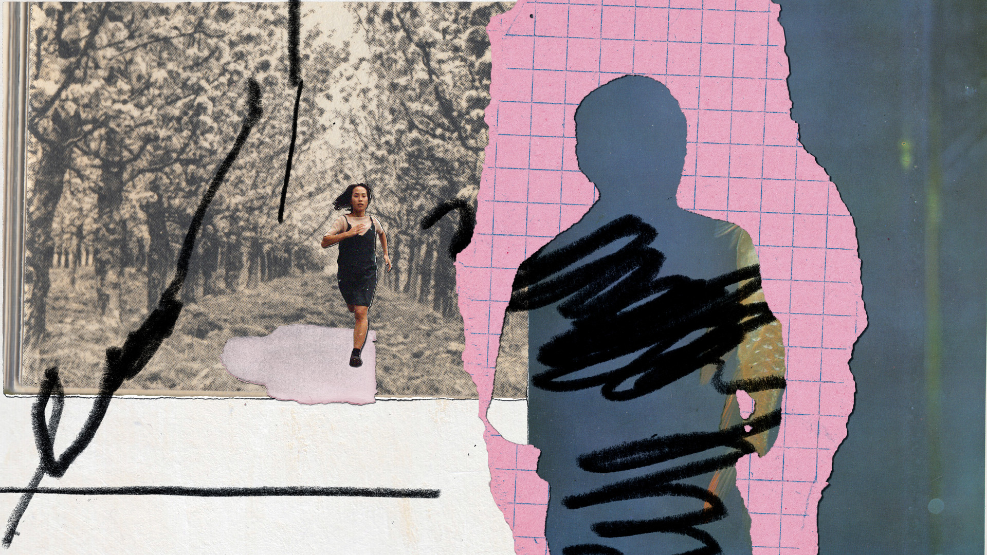 A still from the film Love, Dad. It is a collage of a woman running, black and white trees in an avenue, pink graph paper with the cutout of a man and thick black pencil scribbles.