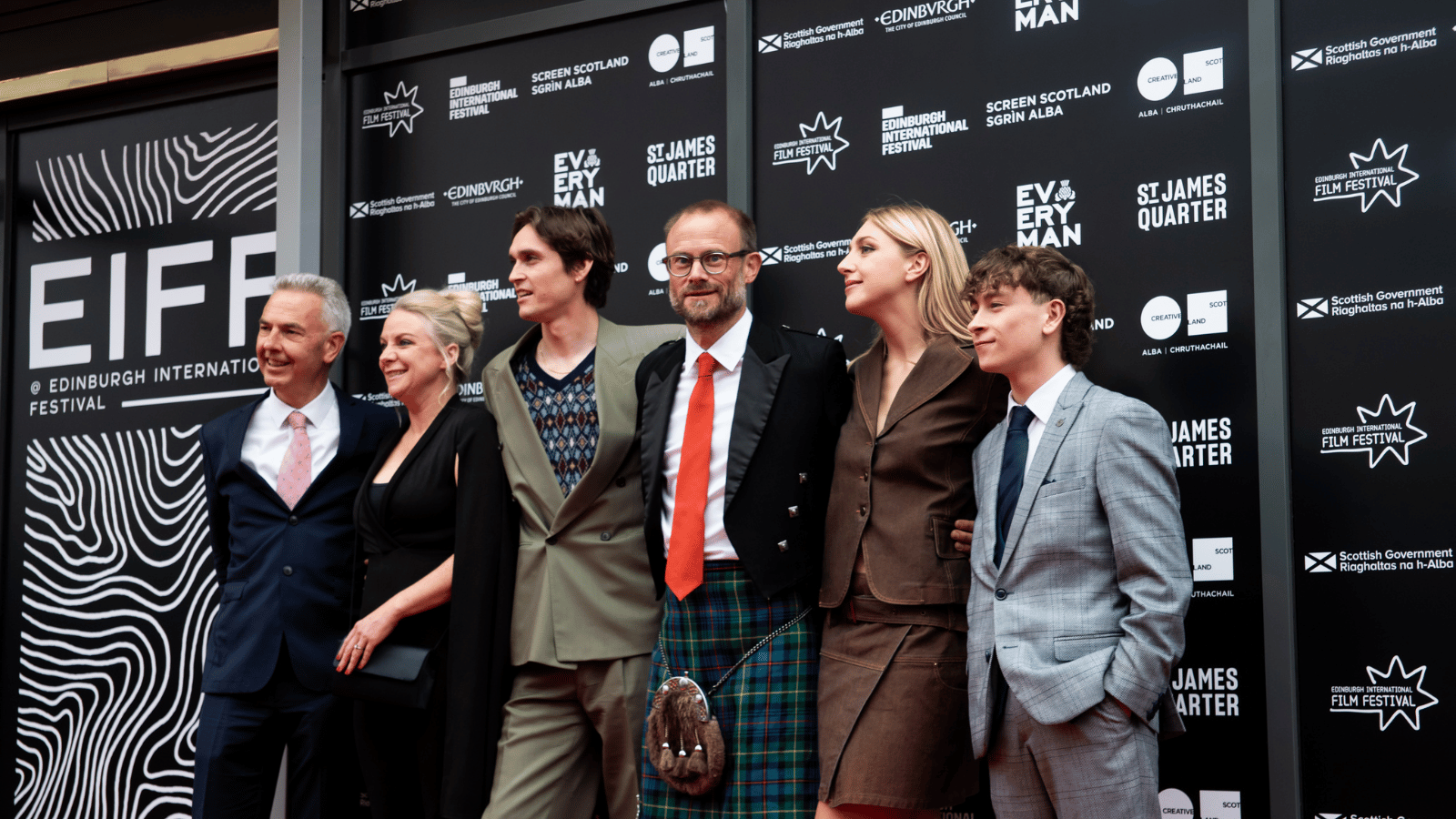 The cast of film Silent Roar at the Edinburgh International Film Festival, including Louis McCartney, Ella Lily Hyland and Mark Lockyer