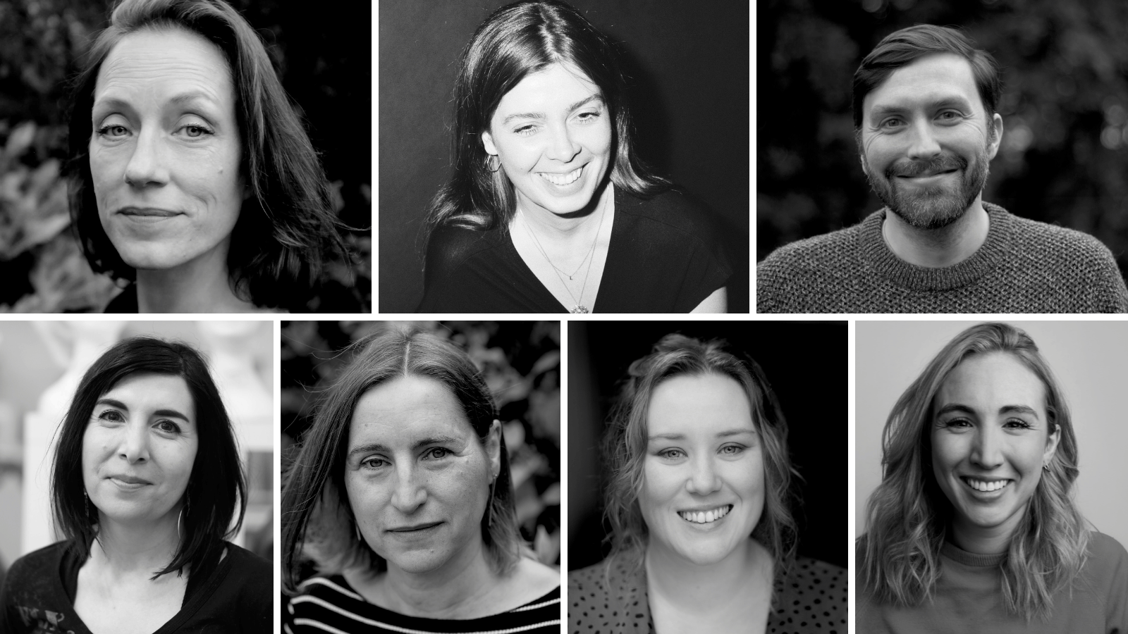 Headshots of the seven writers selected for Young Films Foundation Skye Screenwriters’ Residency Programme 2023/24 in two rows. The writers areAlice Clarke, Leyla Josephine, Stuart Doherty,Mariem Omari, Jo Spencely, Sarah Grant, Katrina Allen