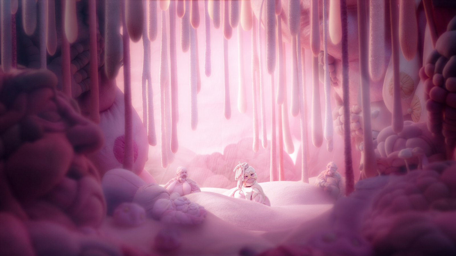 Still from Bod. Animation of pink cave with Stalactites hanging from ceiling. Pink blobby characters also seen,