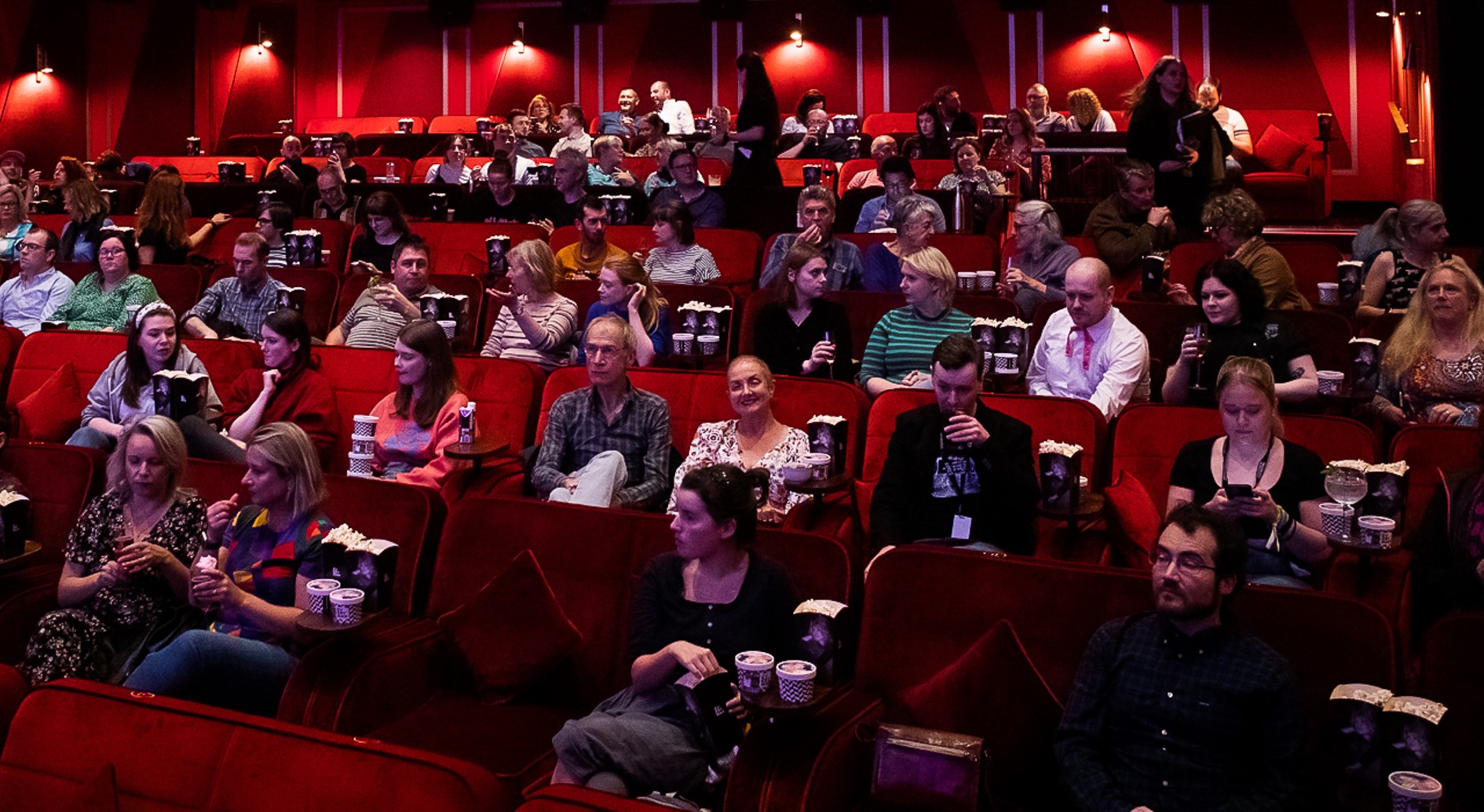 the image shows the inside of a cinema screen at the Edinburgh Filmhouse Cinema, with rows of red cinema seating filled with people looking forward to a screening
