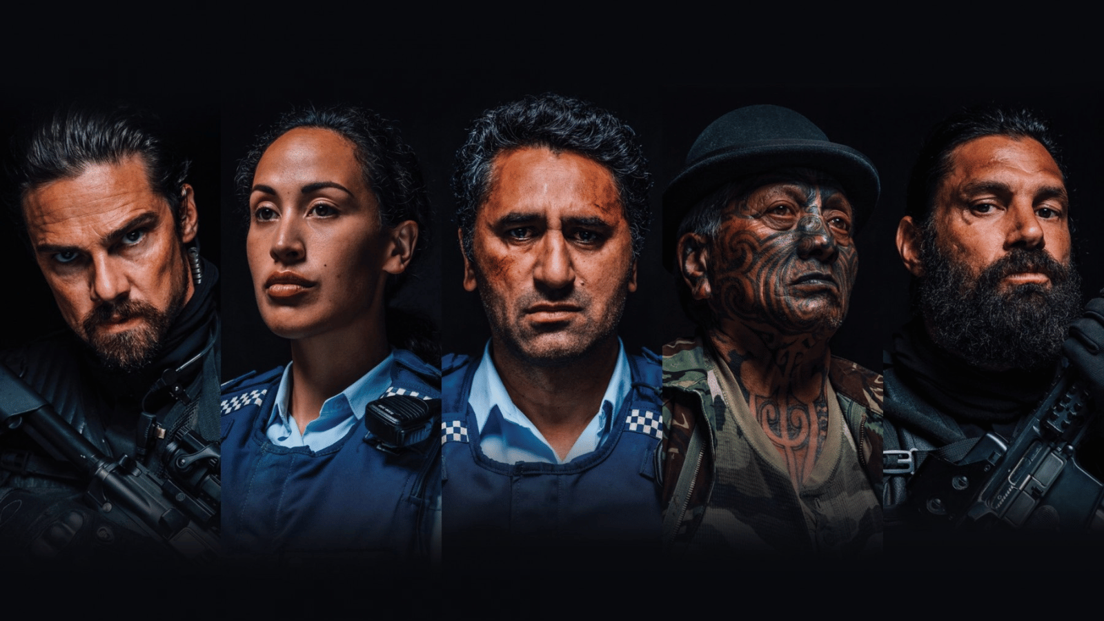 Promotional image for Muru. Heads shots of lead characters: Three police men, a security guard and a man in top hat who has facial tattoos.