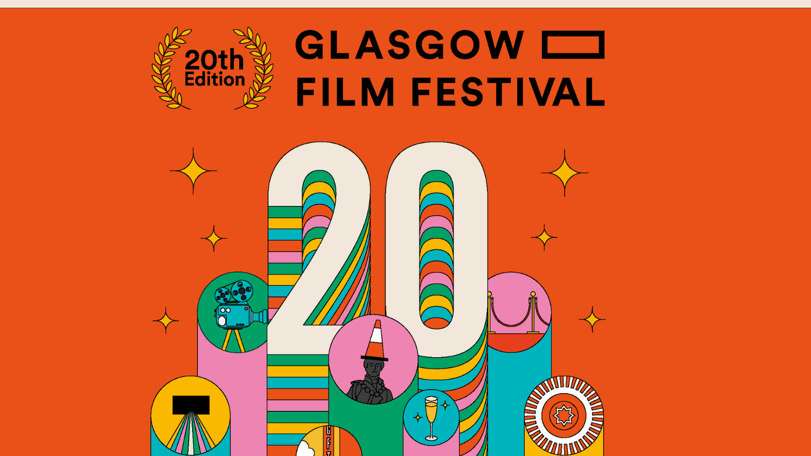 Glasgow Film Festival 20th Anniversary text on top of red background with colourful shapes