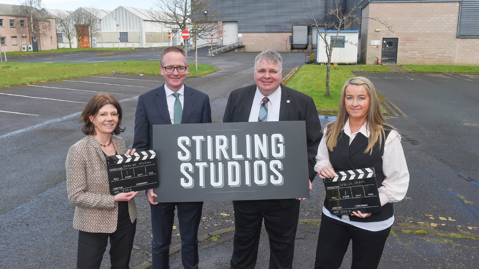 Pictured at the former MoD land that will become Stirling Studios are (from left) Isabel Davis, Executive Director of Screen Scotland; UK Government Minister for Scotland John Lamont MP; Stirling Council Leader, Cllr Chris Kane; Stirling Council Chief Executive, Carol Beattie