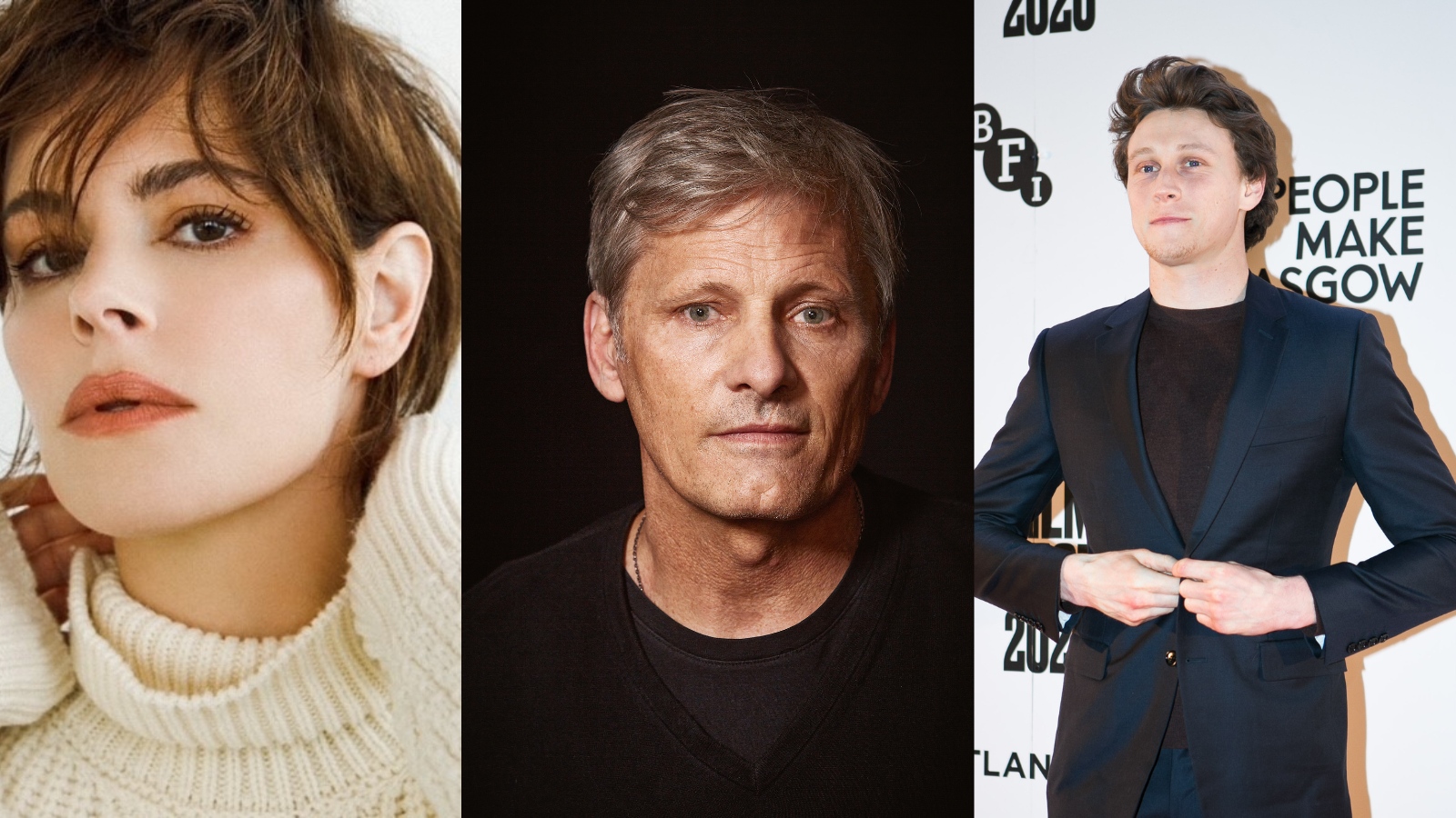 The image is a collage of three images of talent who are appearing at the Glasgow Film Festival, from left to right actress Emily Hampshire, actor Viggo Mortensen and actor George Mackay