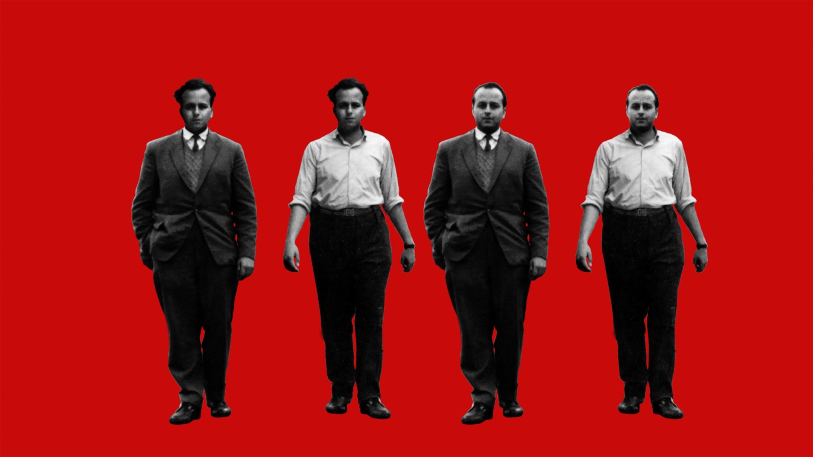 Still from Background, cut out images of four men in back and white and displayed over a dark red background