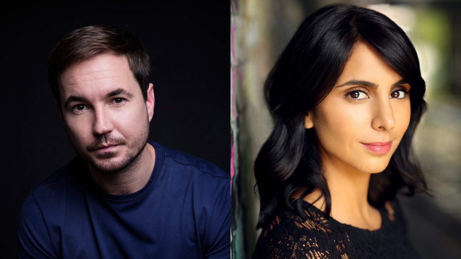 Headshots for Fear - Martin Compston and Anjli Mohindra side by side. Anjli photo credit Faye Thomas