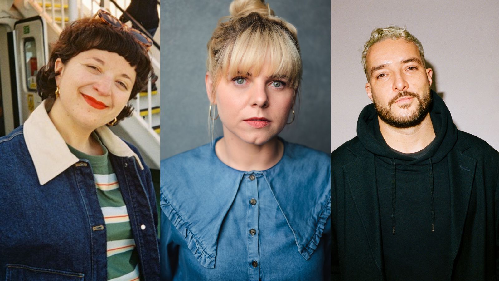 Three side-by-side portraits: On the left, a smiling person with short dark hair, wearing a denim jacket over a striped shirt. In the centre, a person with blonde hair in a bun, wearing a blue button-up shirt, looking directly at the camera. On the right, a person with short light hair and a beard, wearing a black hoodie and jacket, gazing forward.
