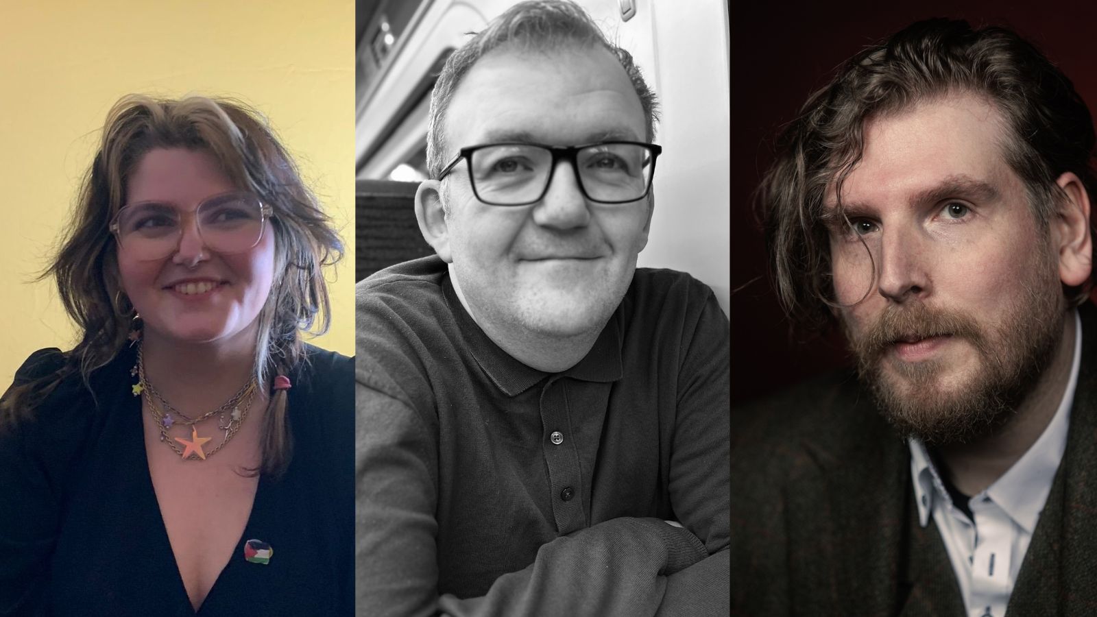 Three portraits arranged side by side. Left: A person with long, wavy hair wearing glasses, a black top, and colourful necklaces against a yellow background. Centre: A person with short hair and glasses in a black and white photo, wearing a polo shirt, sitting on a train. Right: A person with wavy, shoulder-length hair and a beard, wearing a white shirt and dark jacket, appearing thoughtful.
